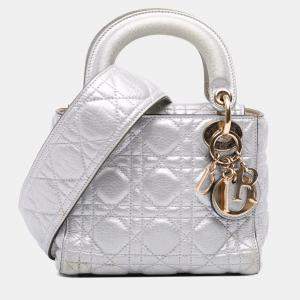 Pre Owned Dior Silver Mini Metallic Grained Calfskin Cannage Lady Dior