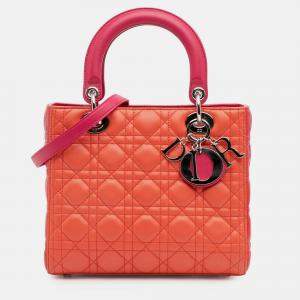 Pre Owned Dior Orange Pink Medium Bicolor Lambskin Cannage Lady Dior