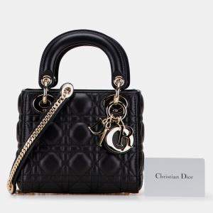 Pre Owned Dior Black Mini Lambskin Cannage Lady Dior