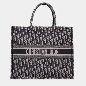 Pre Owned Dior Navy Blue Large Oblique Canvas Book Tote