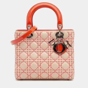 Pre Owned Dior Beige Orange Medium Lambskin Cannage Stitched Lady Dior