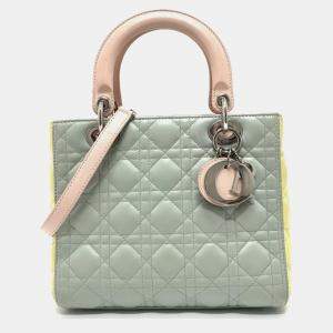 Pre Owned Christian Dior Dior Cannage Lady 2-Way Handbag Leather Blue X Yellow Pink