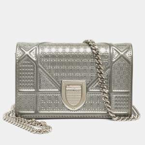 Pre Owned Dior Grey Microcannage Patent Leather Baby Diorama Shoulder Bag