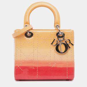 Pre Owned Dior Orange Medium Ombre Patent Cannage Lady Dior