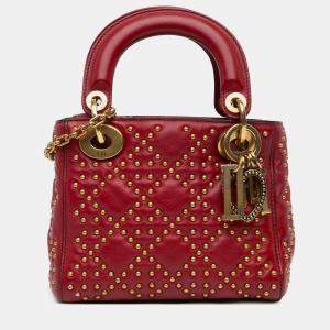 Pre Owned Dior Red Mini Lambskin Cannage Studded Supple Lady Dior