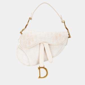Pre Owned Dior White Mini Oblique Canvas Saddle Bag
