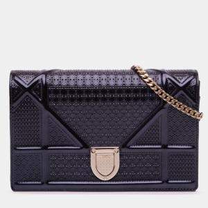 Pre Owned Dior Black Patent Microcannage Diorama Wallet on Chain