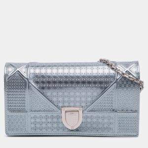 Pre Owned Dior Blue Metallic Patent Microcannage Diorama Wallet on Chain