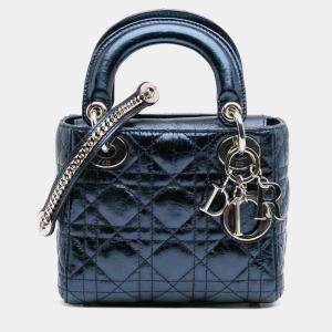 Pre Owned Dior Blue Mini Crinkled Calfskin Cannage Lady Dior