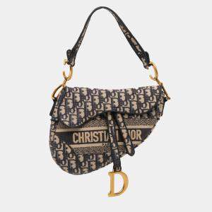 Pre Owned Dior Blue Oblique Embroidered Canvas Saddle Bag