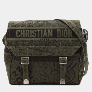 Pre Owned Dior Green Large Embroidered Canvas Graffiti Diorcamp Messenger Bag