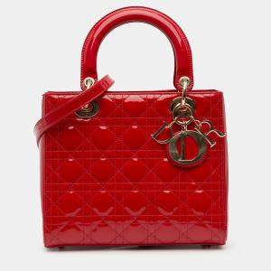 Pre Owned Dior Red Medium Patent Cannage Lady Dior