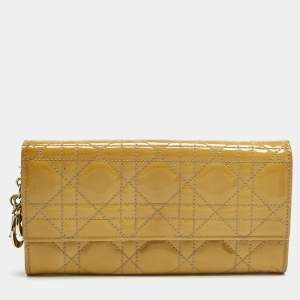 Pre Owned Dior Mustard Cannage Patent Leather Lady Dior Rendezvous Wallet on Chain