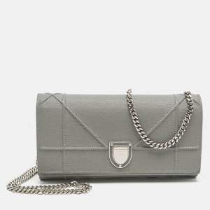 Pre Owned Dior Grey Leather Diorama Wallet on Chain