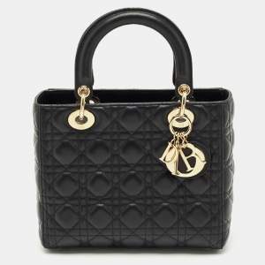 Pre Owned Dior Black Cannage Leather Medium Lady Dior Tote