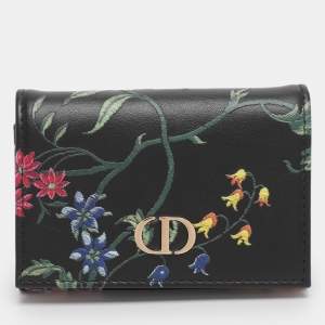 Pre Owned Dior Black Leather Petites Fleurs Embroidered Caro Glycine Wallet