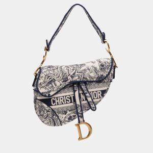 Pre Owned Dior Navy Blue Canvas Embroidered Toile de Jouy Saddle Bag