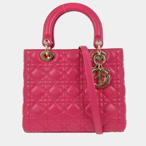 Pre Owned Christian Dior Pink Lambskin Lady Dior Cannage 2way Handbag