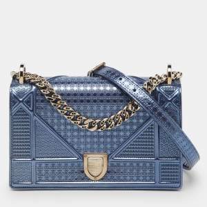 Pre Owned Dior Metallic Blue Micro Cannage Patent Leather Small Diorama Flap Bag