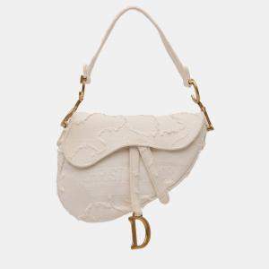 Pre Owned Dior White Mini Canvas Embroidered Camouflage Saddle Bag