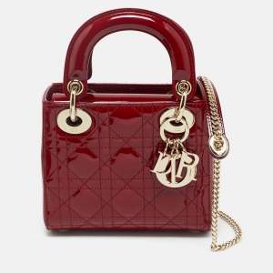 Pre Owned Dior Red Cannage Patent Leather Mini Lady Dior Tote