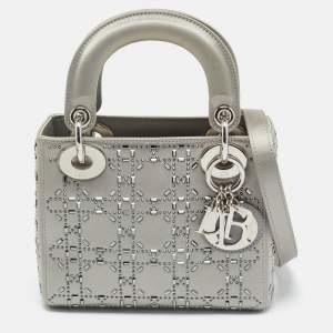 Pre Owned Dior Grey Cannage Satin Mini Crystal Lady Dior Tote