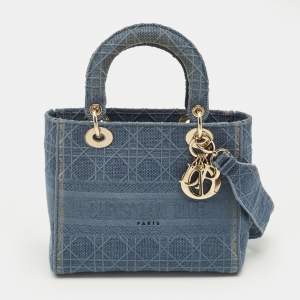 Pre Owned Dior Blue Cannage Embroidered Canvas Medium Lady D-Lite Tote