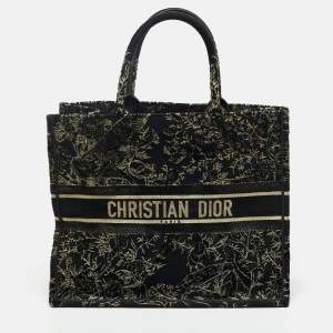 Pre Owned Dior Black/Gold Embroidered Canvas Large Jardin d'Hiver Book Tote