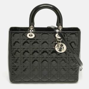 Pre Owned Dior Charcoal Black Cannage Patent Leather Large Lady Dior Tote