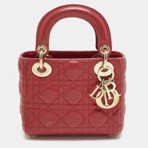 Pre Owned Dior Red Cannage Leather Mini Lady Dior Tote