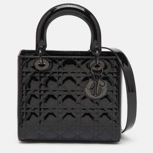 Pre Owned Dior Black Cannage Patent Leather Medium Lady Dior Tote
