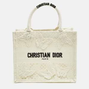 Pre Owned Dior White D-Lace Embroidered Canvas Small Book Tote