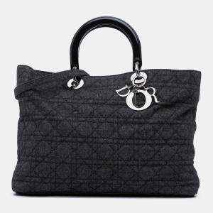 Pre Owned Dior Black Extra Large Denim Cannage Lady Dior