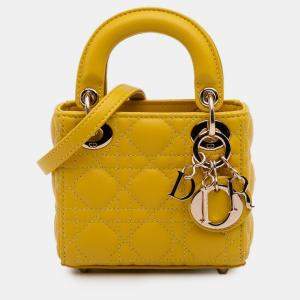Pre Owned Dior Yellow Micro Lambskin Cannage Lady Dior