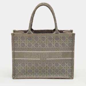 Pre Owned Dior Grey Embroidered Cannage Canvas Medium Book Tote
