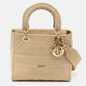 Pre Owned Dior Beige Cannage Embroidered Canvas Medium Lady D-Lite Tote