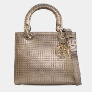 Pre Owned Dior Gold Medium Metallic Patent Microcannage Lady Dior