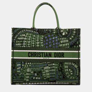 Pre Owned Dior Green Large Canvas Embroidered Elephant Book Tote