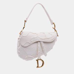 Pre Owned Dior White Mini Canvas Embroidered Camouflage Saddle Bag