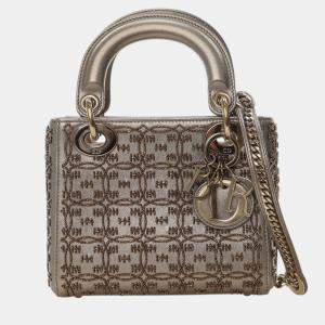 Pre Owned Dior Gold Mini Beaded Metallic Lambskin Cannage Lady Dior