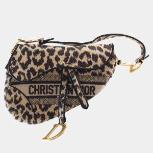 Pre Owned Dior Beige Brown Mizza Embroidered Canvas Leopard Saddle Bag