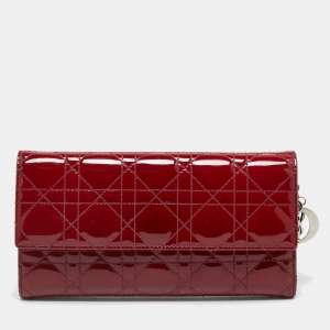 Pre Owned Dior Red Cannage Patent Leather Lady Dior Wallet On Chain