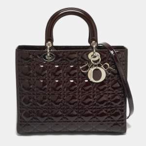 Pre Owned Dior Burgundy Patent Leather Large Lady Dior Tote Bag