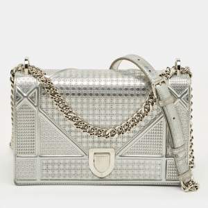 Pre Owned Dior Silver Patent Leather Medium Diorama Shoulder Bag