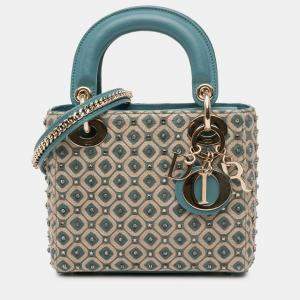 Pre Owned Dior Beige/See Green Mini Canvas Honeycomb Embroidery Crystal Lady Dior