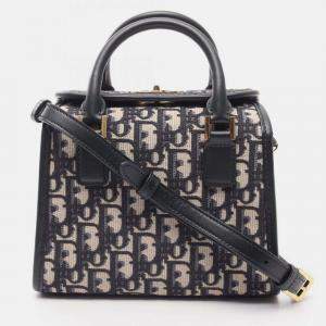 Pre Owned Christian Dior Dior Oblique Tote Bag Canvas And Leather Beige Navy