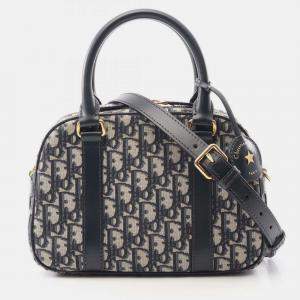 Pre Owned Christian Dior Dior D-Vibe Medium Oblique Bowling Bag Canvas And Leather Ivory Black Blue