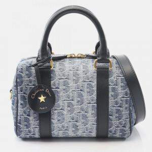 Pre Owned Christian Dior Dior Groove 20 Small Oblique Jacquard Handbag In Denim And Leather Navy Blue