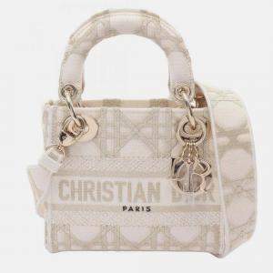 Pre Owned Christian Dior Dior Lady Mini Cannage Handbag Canvas White Gold