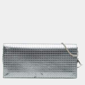 Pre Owned Dior Silver Metallic Patent Microcannage Lady Dior Croisiere Chain Clutch